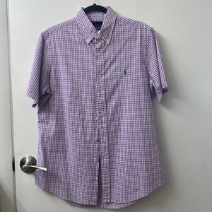 Polo Short Sleeve Button Down. Size: Medium. Color: purple and white striped